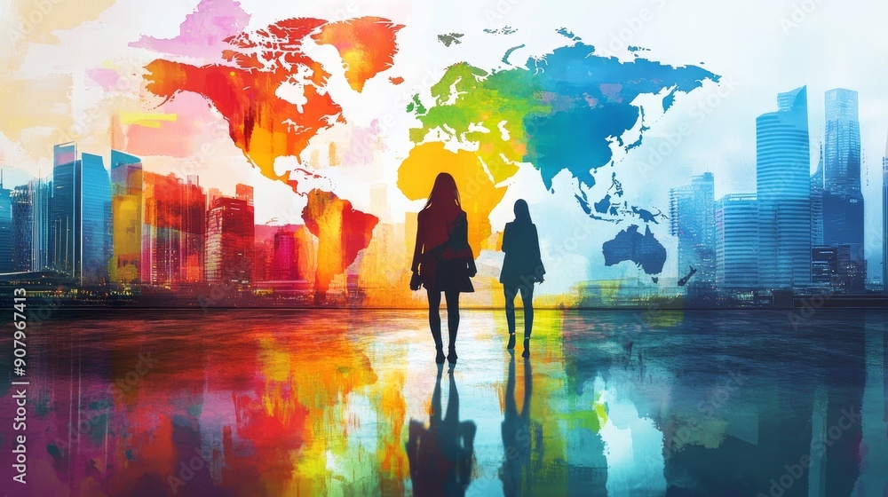 Two women stand silhouetted against a vibrant watercolor world map, symbolizing global connection, diversity, opportunity, growth, and progress. Two women stand silhouetted against a vibrant watercolor world map, symbolizing global connection, diversity, opportunity, growth, and progress.