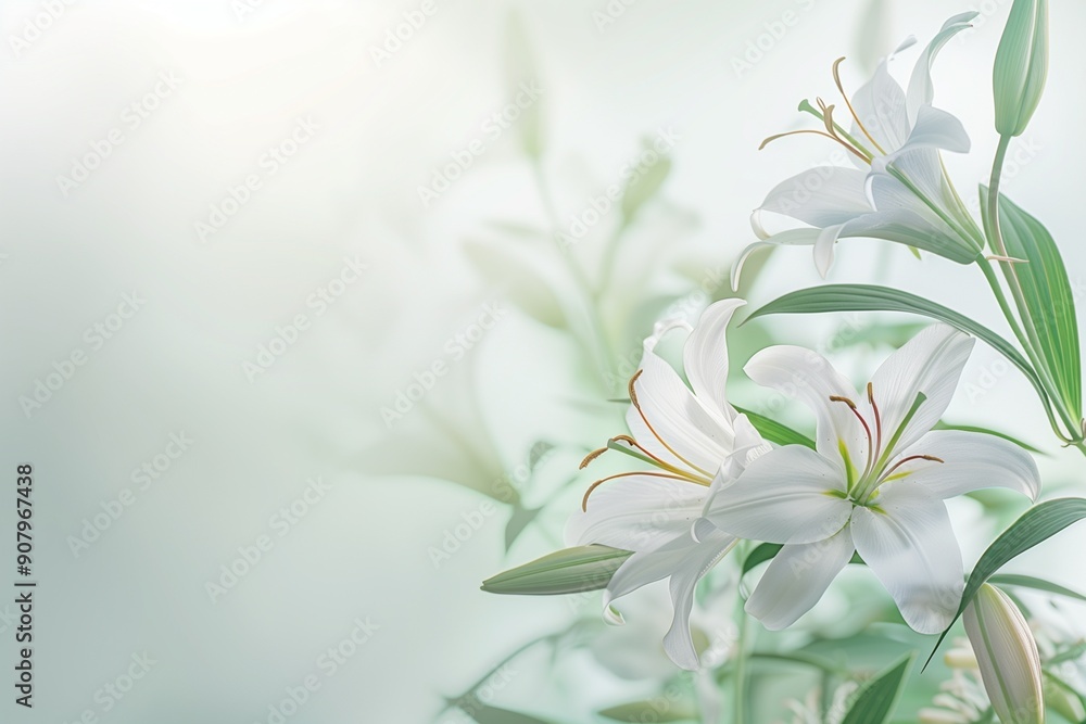 Fototapeta premium White lilies in soft focus on a light background, an elegant floral background for design and decoration with copy space
