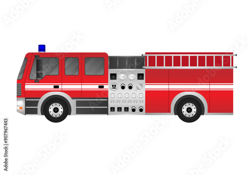 Fire Engine or Fire Truck. Fire Emergency Rescue Truck. Vector Illustration Isolated on White Background.