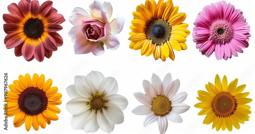 Set of colorful sunflowers and daisies isolated on a white background in a top view. Floral collection. Set of colorful sunflowers and daisies isolated on a white background in a top view. Floral collection.
