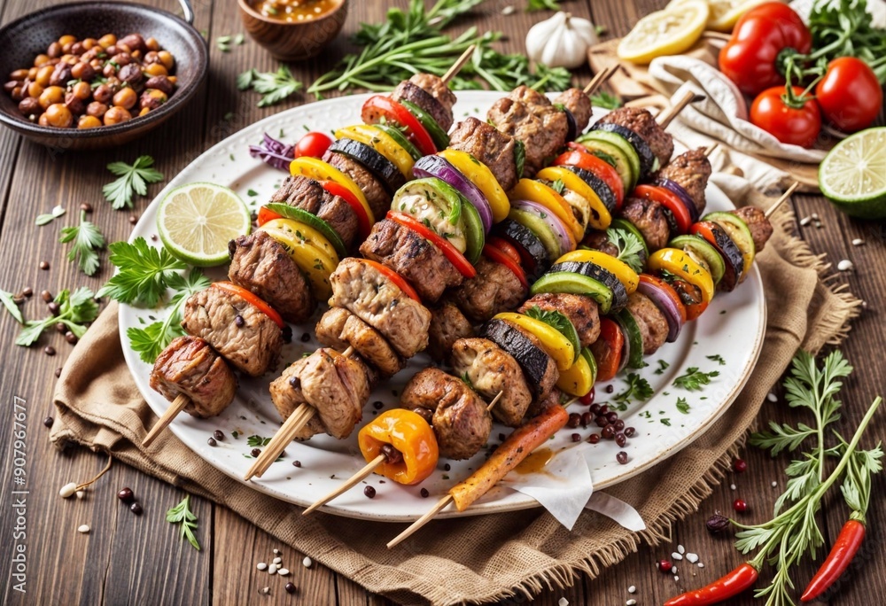Fragrant shashlik in a plate with fruits and herbs on the table Fragrant shashlik in a plate with fruits and herbs on the table