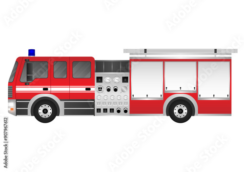 Fire Engine or Fire Truck. Fire Emergency Rescue Truck. Vector Illustration Isolated on White Background.