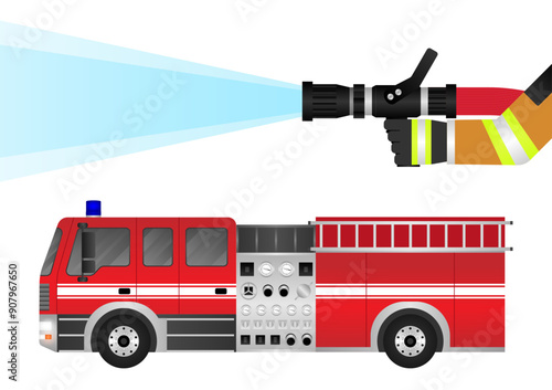 Fire Engine or Fire Truck and Fire Firefighter. Vector Illustration. 