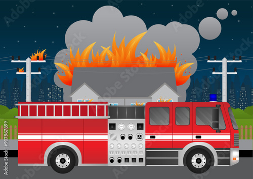 Fire Engine or Fire Truck Parked at Burning House or Burning Building. Vector Illustration.