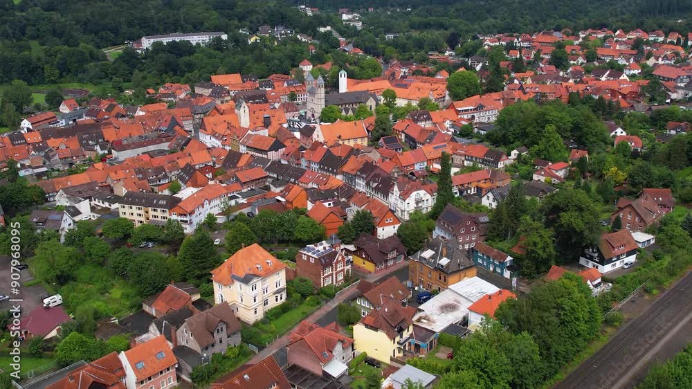 A panorama Aerial view around the old town of the city Bad Gandersheim on an early summer day in Germany. A panorama Aerial view around the old town of the city Bad Gandersheim on an early summer day in Germany.