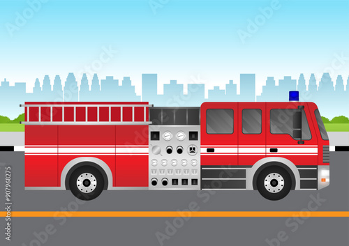 Fire Engine or Fire Truck Driving on the Road in the City. Vector Illustration.