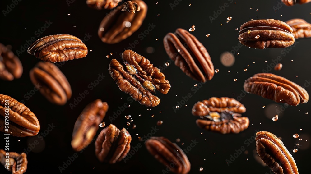 Dynamic Splash of Pecan Nuts in Mid-Air on Black Background Dynamic Splash of Pecan Nuts in Mid-Air on Black Background