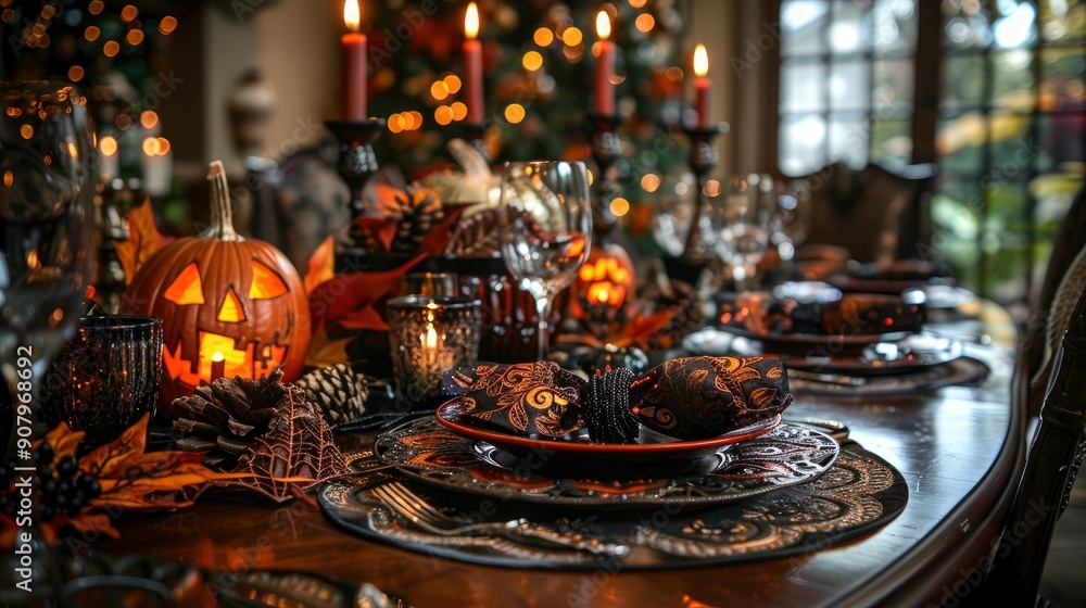 A detailed shot of a table set for a Halloween dinner, with themed plates, napkins, and eerie candle holders, surrounded by spooky decorations and dim lighting. A detailed shot of a table set for a Halloween dinner, with themed plates, napkins, and eerie candle holders, surrounded by spooky decorations and dim lighting.