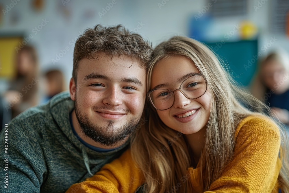 Young man with Down syndrome and his tutor with arms around looking at camera indoors at school, Generative AI Young man with Down syndrome and his tutor with arms around looking at camera indoors at school, Generative AI