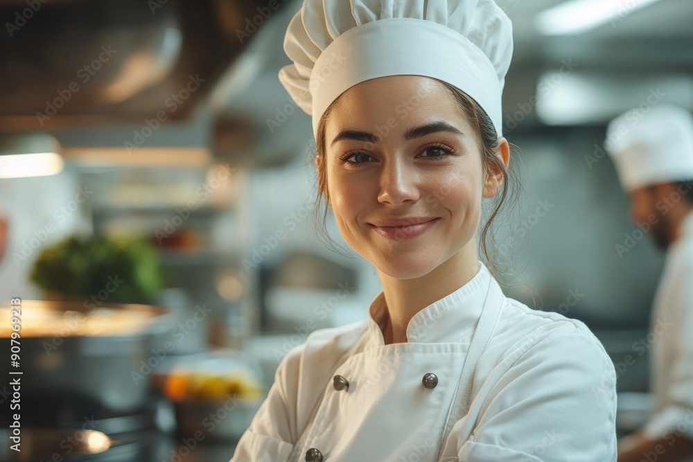 Happy female chef working in kitchen and looking at camera, Generative AI Happy female chef working in kitchen and looking at camera, Generative AI