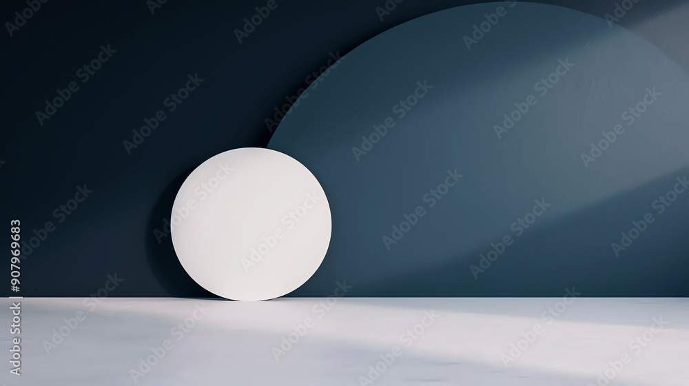 Modern minimalist scene with a large white circle and abstract geometric shapes on a dark background, creating a serene atmosphere. Modern minimalist scene with a large white circle and abstract geometric shapes on a dark background, creating a serene atmosphere.