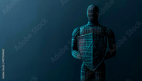 Futuristic shield bearer in geometric design, symbolizing protection and security in a digital world.