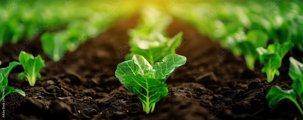 Vibrant young lettuce plants grow in fertile soil, thriving under warm sunlight, symbolizing freshness and agricultural abundance. Vibrant young lettuce plants grow in fertile soil, thriving under warm sunlight, symbolizing freshness and agricultural abundance.