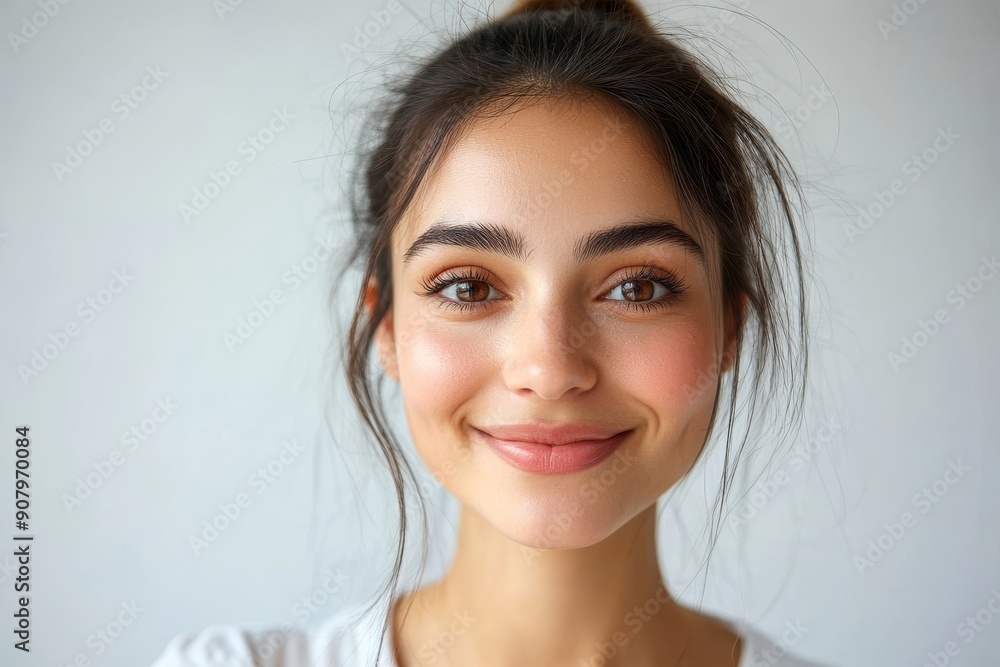 Confident woman smiling while video chatting on smartphone against white studio background, Generative AI Confident woman smiling while video chatting on smartphone against white studio background, Generative AI