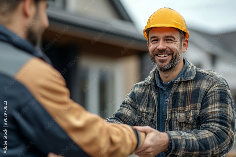 Happy man shaking hands with construction site worker at his renovating home, Generative AI Happy man shaking hands with construction site worker at his renovating home, Generative AI