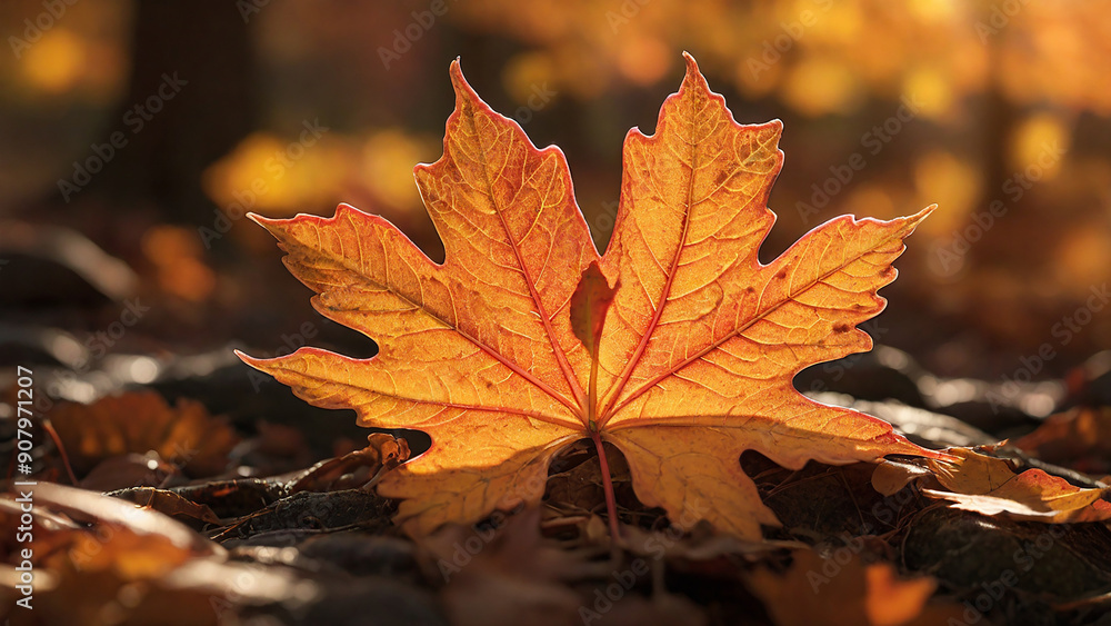 a bright red maple leaf shining in the warm, dappled light of a forest floor in the midst of autumn. a bright red maple leaf shining in the warm, dappled light of a forest floor in the midst of autumn.