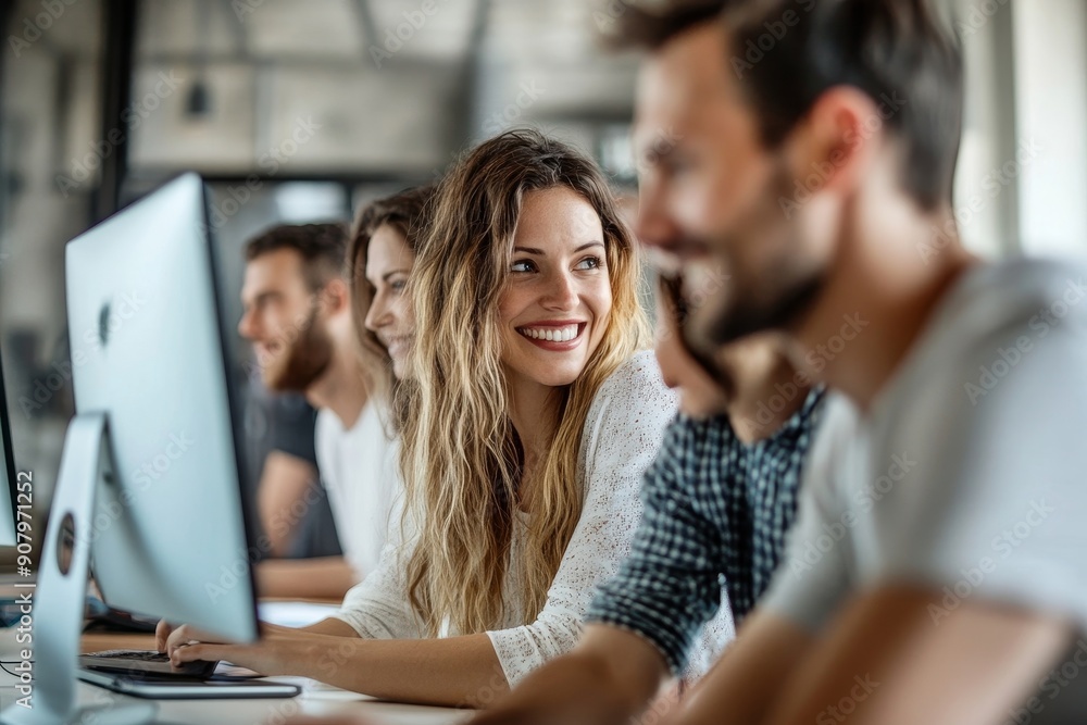 Happy creative marketing team working on new business project in office, Generative AI Happy creative marketing team working on new business project in office, Generative AI