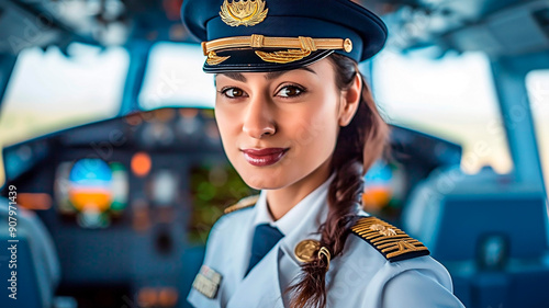 Female authority in aviation concept. Experieced female airplane captain against cockpit backdrop with controls ready for the flight. photo