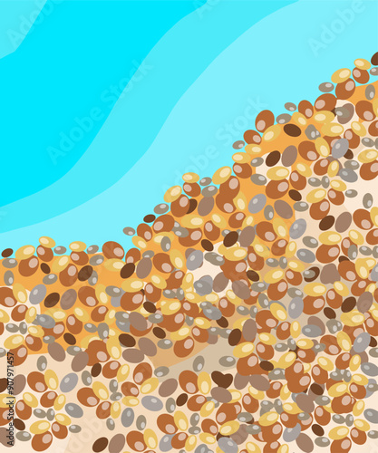 Colored textured vector background, postcard with sea and sand abstract waves and shapes. Seashore, stone pebbles, meditation in nature, water and sand