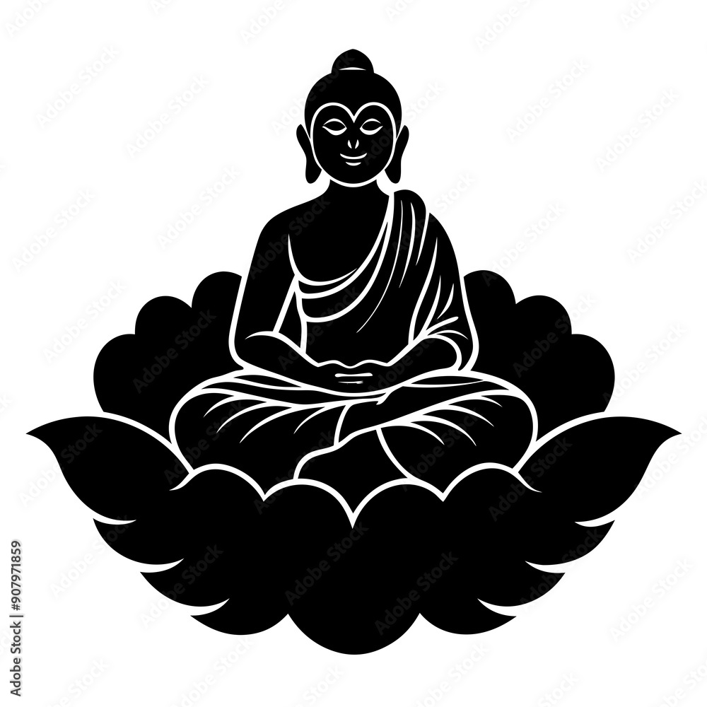Buddha sits on a lotus and graces the clouds with black silhouette Buddha sits on a lotus and graces the clouds with black silhouette