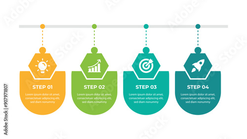 Template for an infographic with four steps and arrows, facilitating a straightforward presentation of information flow.