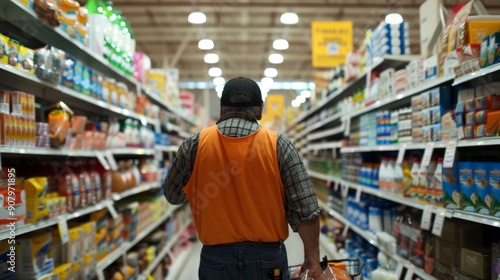 Man shopping in a supermarket aisle.