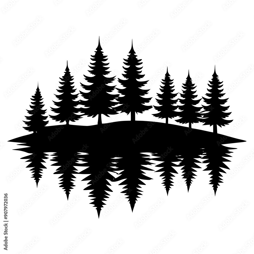 Reflection in water, pine tree forest vector silhouette Reflection in water, pine tree forest vector silhouette