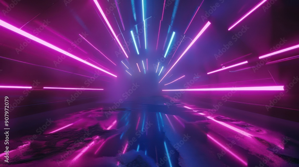 Obraz premium Empty stage performance background. A neon blue and purple laser and light show. Futuristic laser shape on dark background