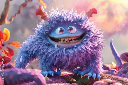 vividly colorful 3D monster, expressive eyes and intricate textures, stands out in a lush, natural setting, perfect for children's media and fantasy-themed projects.