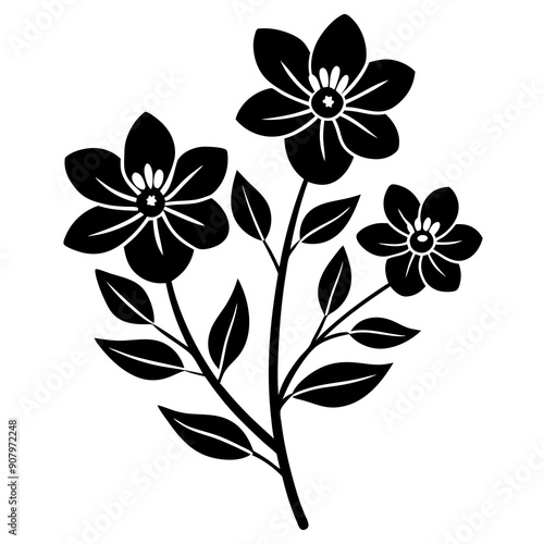 Flat color blooming Flowers with branch vector silhouette