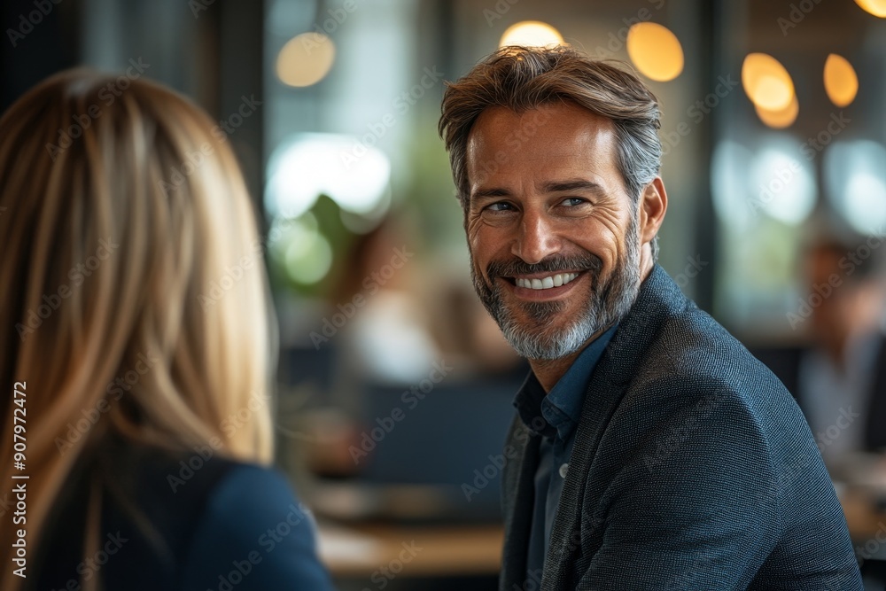 Smiling businesspeople having a discussion in an office, Generative AI Smiling businesspeople having a discussion in an office, Generative AI