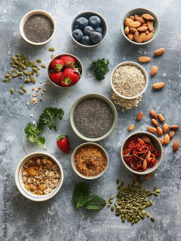 A variety of nuts, seeds, and dried fruit are displayed in bowls on a grey countertop A variety of nuts, seeds, and dried fruit are displayed in bowls on a grey countertop