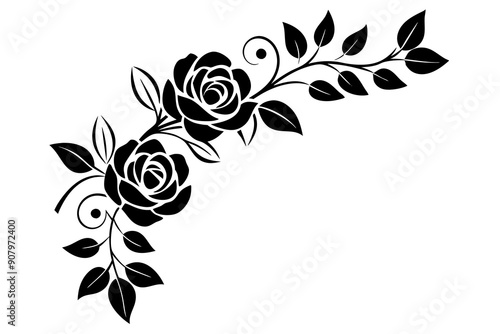 Delicate floral corner element featuring roses and leaves with fine line art vector silhouette