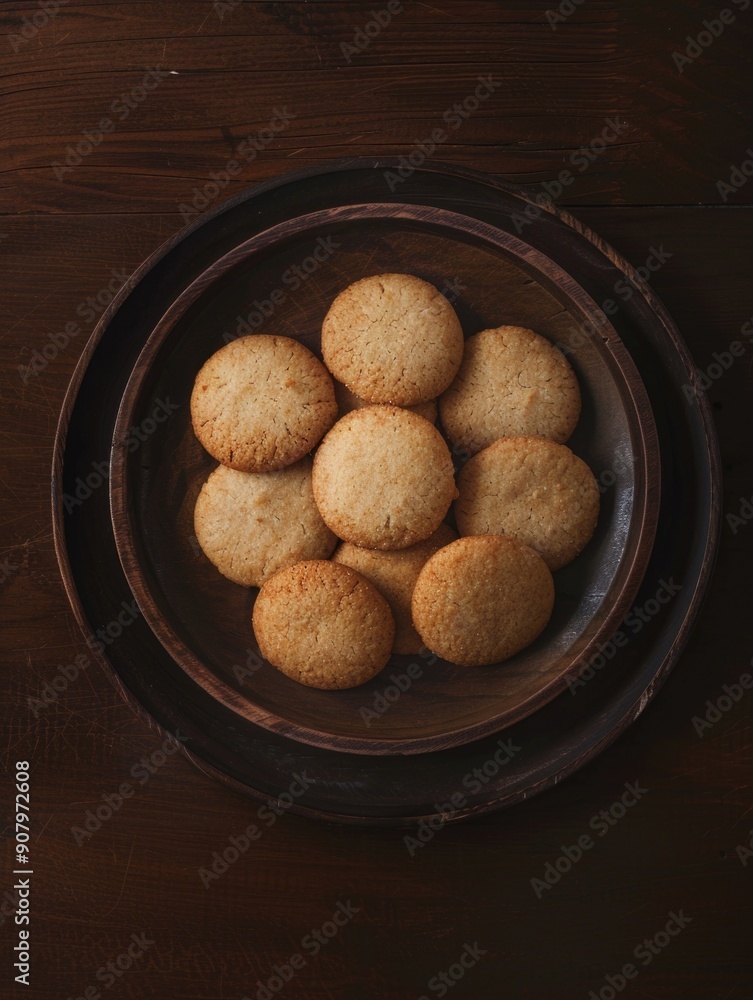 A bowl of cookies sits on a wooden table. The cookies are small and round, and they are arranged in a neat pile A bowl of cookies sits on a wooden table. The cookies are small and round, and they are arranged in a neat pile