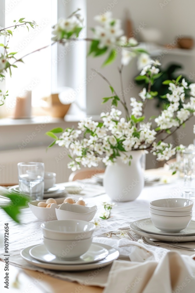 A table is set with white plates, bowls, and cups, and a vase of white flowers. The table setting is elegant and inviting, with a sense of warmth and comfort A table is set with white plates, bowls, and cups, and a vase of white flowers. The table setting is elegant and inviting, with a sense of warmth and comfort