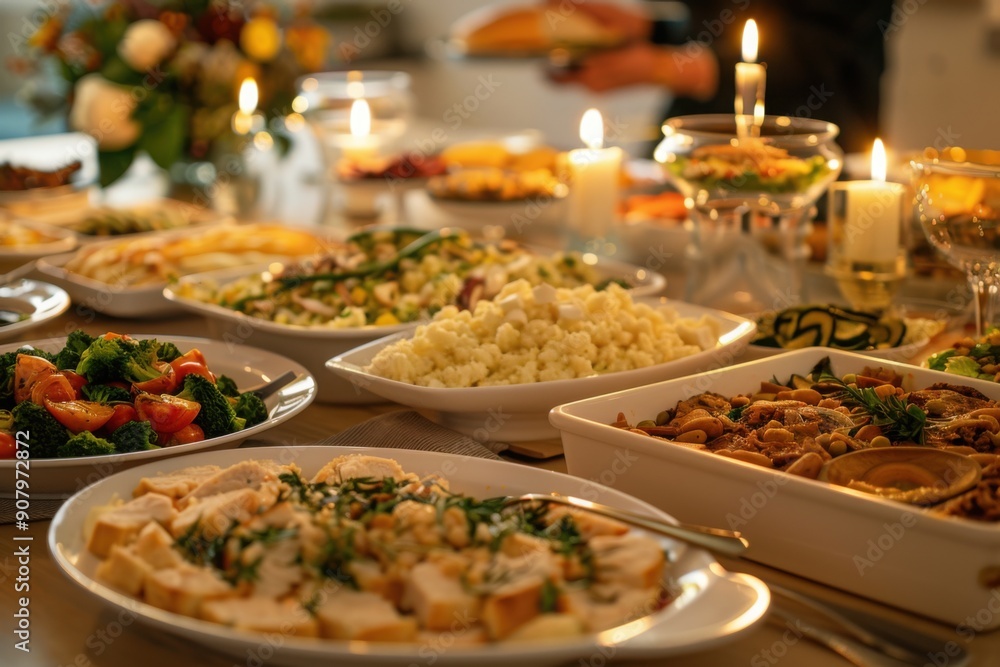 Community potluck dinner table full of diverse dishes, with copy space Community potluck dinner table full of diverse dishes, with copy space