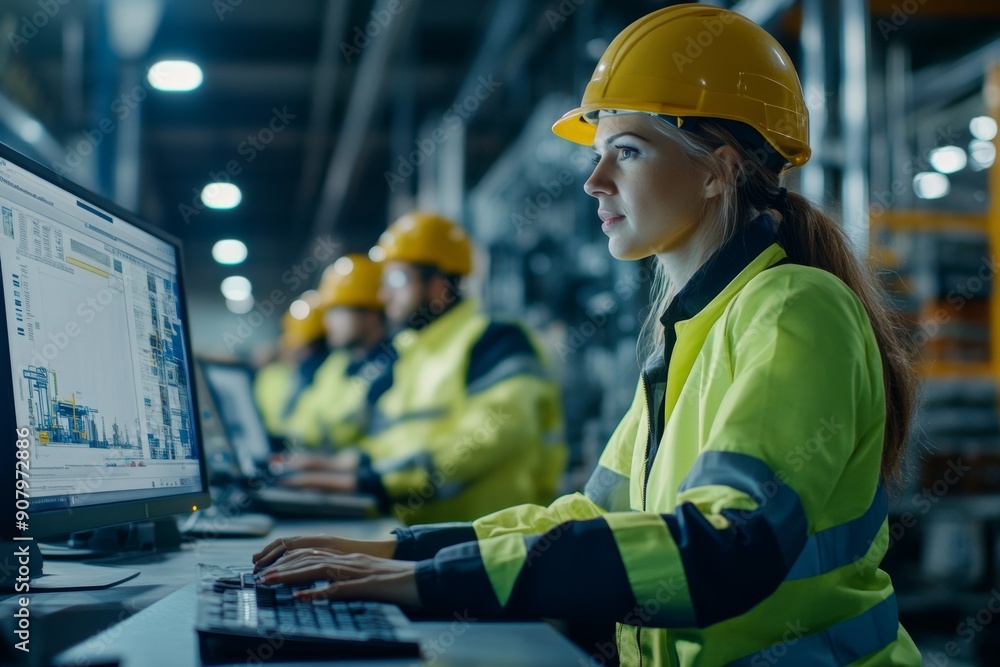 Manager presenting project to full team of warehouse employees on computer. Team of workers, managers, female director in modern industrial factory, heavy industry, Generative AI Manager presenting project to full team of warehouse employees on computer. Team of workers, managers, female director in modern industrial factory, heavy industry, Generative AI