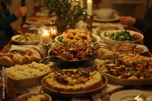 Community potluck dinner table full of diverse dishes, with copy space