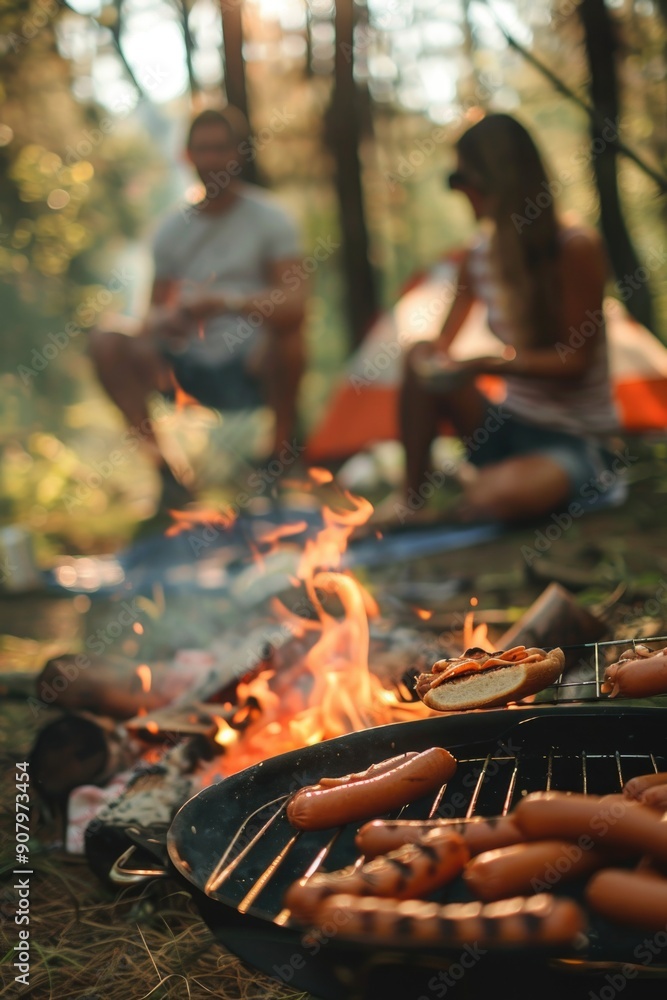 Fototapeta premium A man and woman are sitting around a fire, cooking hot dogs on a grill. The atmosphere is relaxed and casual, with the couple enjoying a simple meal outdoors