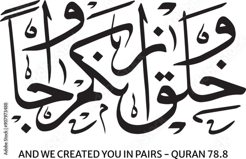 Wa khalaqnakum azwaja arabic calligraphy Translated And We Created You in Pairs Quran Verse 