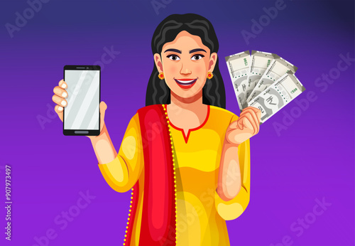 Closeup portrait of happy excited young Indian woman wearing suit salwar showing Indian Currency Rupees Note and smartphone- concept of mobile banking, earnings, bank loan, online payment and business