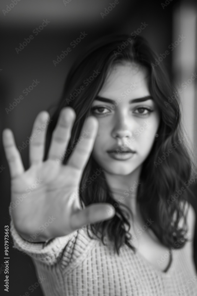 Obraz premium A woman is standing in front of a wall with her hand raised in a 