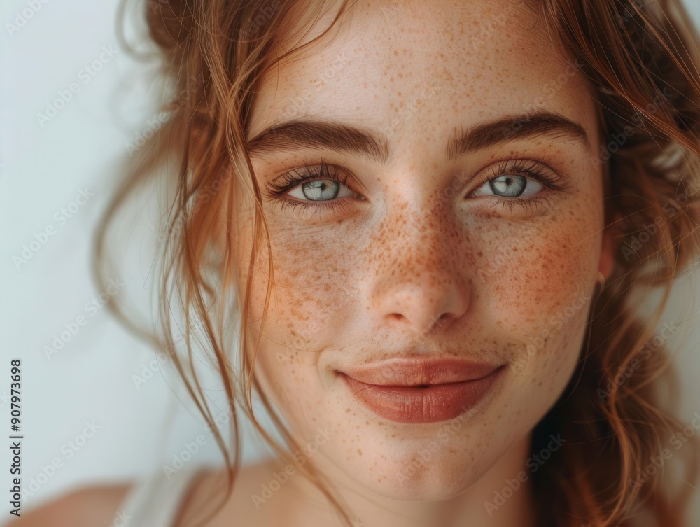 Closeup of a beautiful girl with perfect skin, a slight lip bite, and a soft smile, bright white backdrop Closeup of a beautiful girl with perfect skin, a slight lip bite, and a soft smile, bright white backdrop