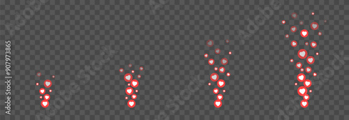 Vector flying reaction icons. Flying icons of red hearts, likes png. Social network likes, marketing, advertising, png.