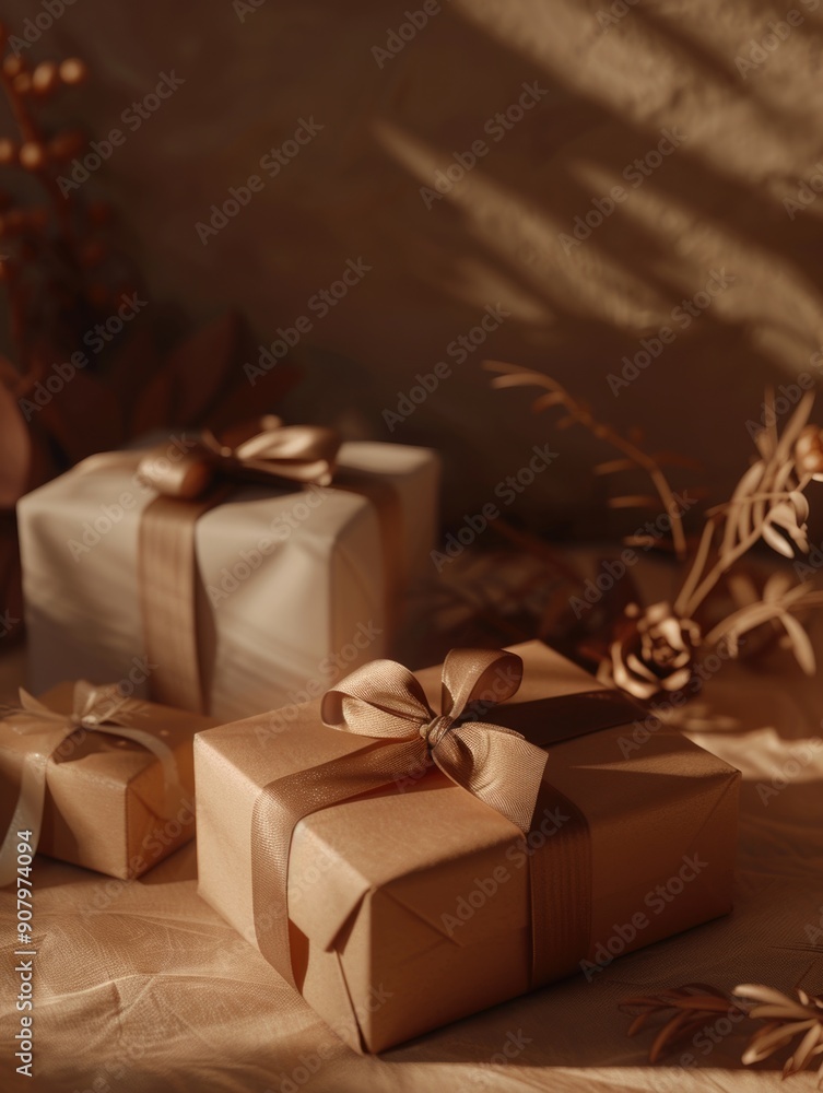 Three brown boxes with ribbons on them are sitting on a table. The boxes are decorated with bows and seem to be gifts. Scene is festive and joyful Three brown boxes with ribbons on them are sitting on a table. The boxes are decorated with bows and seem to be gifts. Scene is festive and joyful