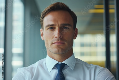 Confident smirk of a CEO corporate office lighting, with copy space photo