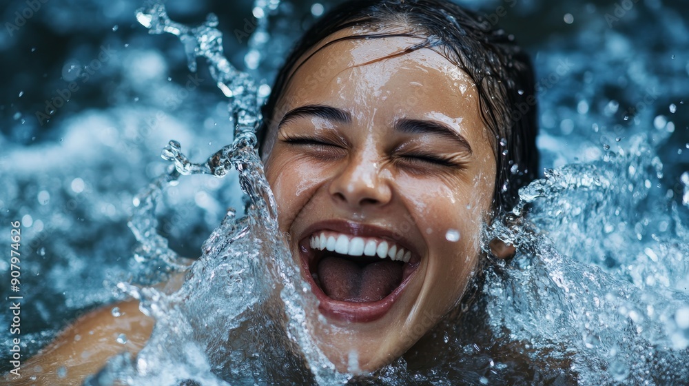 A young woman is submerged in water, her face illuminated by a splash of droplets. She laughs freely, her eyes closed and her mouth open in pure joy. The water is sparkling and vibrant, symbolizing fr A young woman is submerged in water, her face illuminated by a splash of droplets. She laughs freely, her eyes closed and her mouth open in pure joy. The water is sparkling and vibrant, symbolizing fr