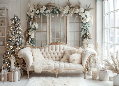 White Christmas Couch in Living Room Scene generated with AI.