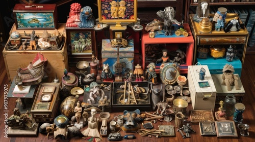 Antique Figurines And Collectibles Displayed On Wooden Table.