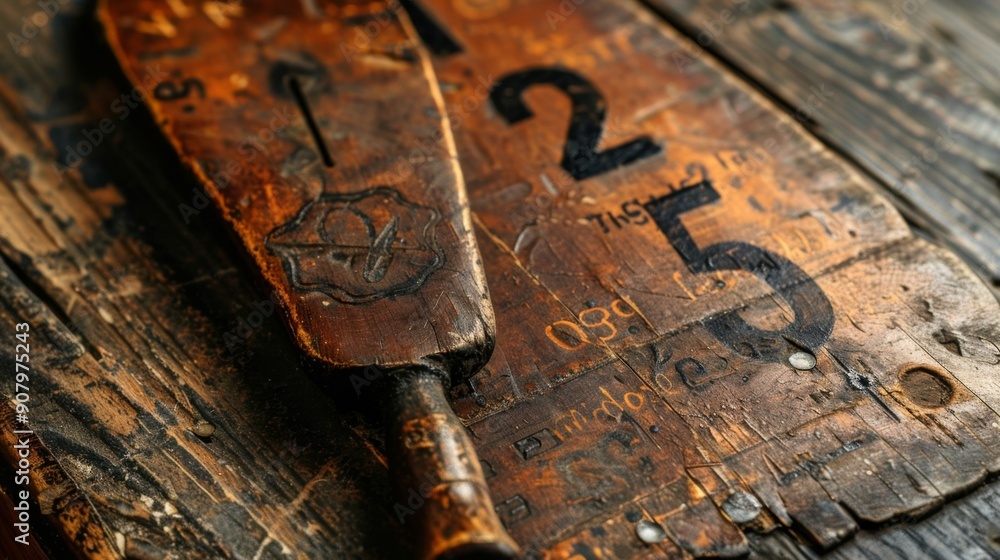 Weathered Wood Texture with Numbers and a Wooden Tool. Weathered Wood Texture with Numbers and a Wooden Tool.